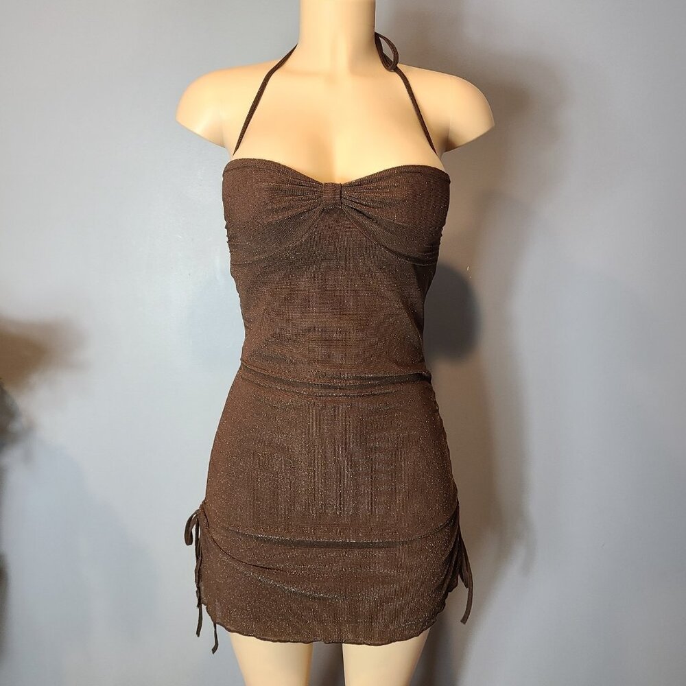 Y2K Style brown Sparkle Fairy‎ bodycon mini Dress women Sz XS Glam Halter Party